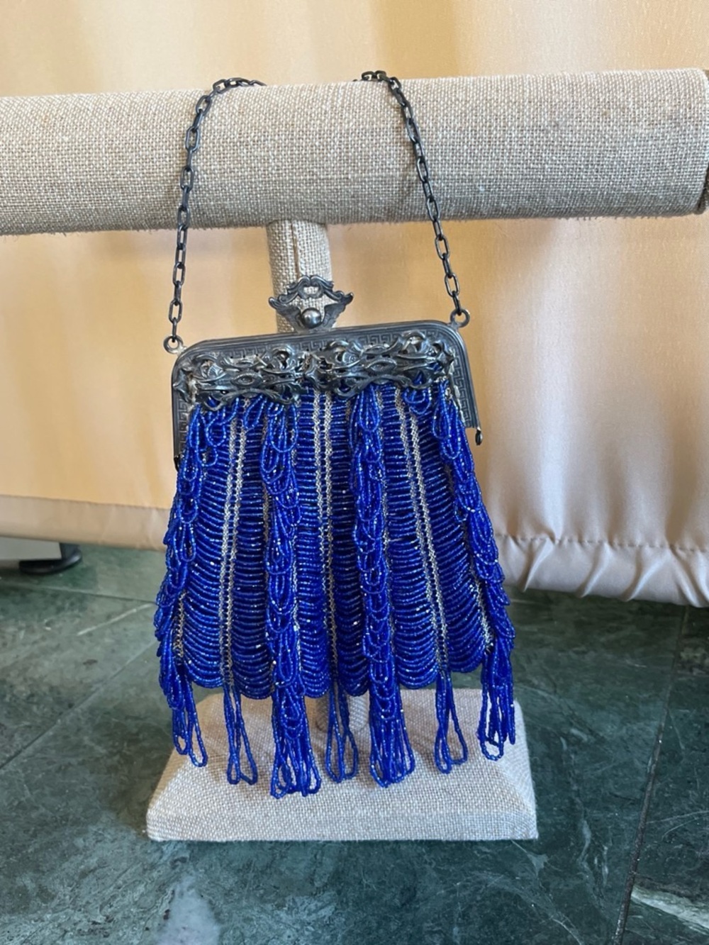 Unique Vintage Cobalt Blue Beaded Fringe Clutch with Silver Frame
